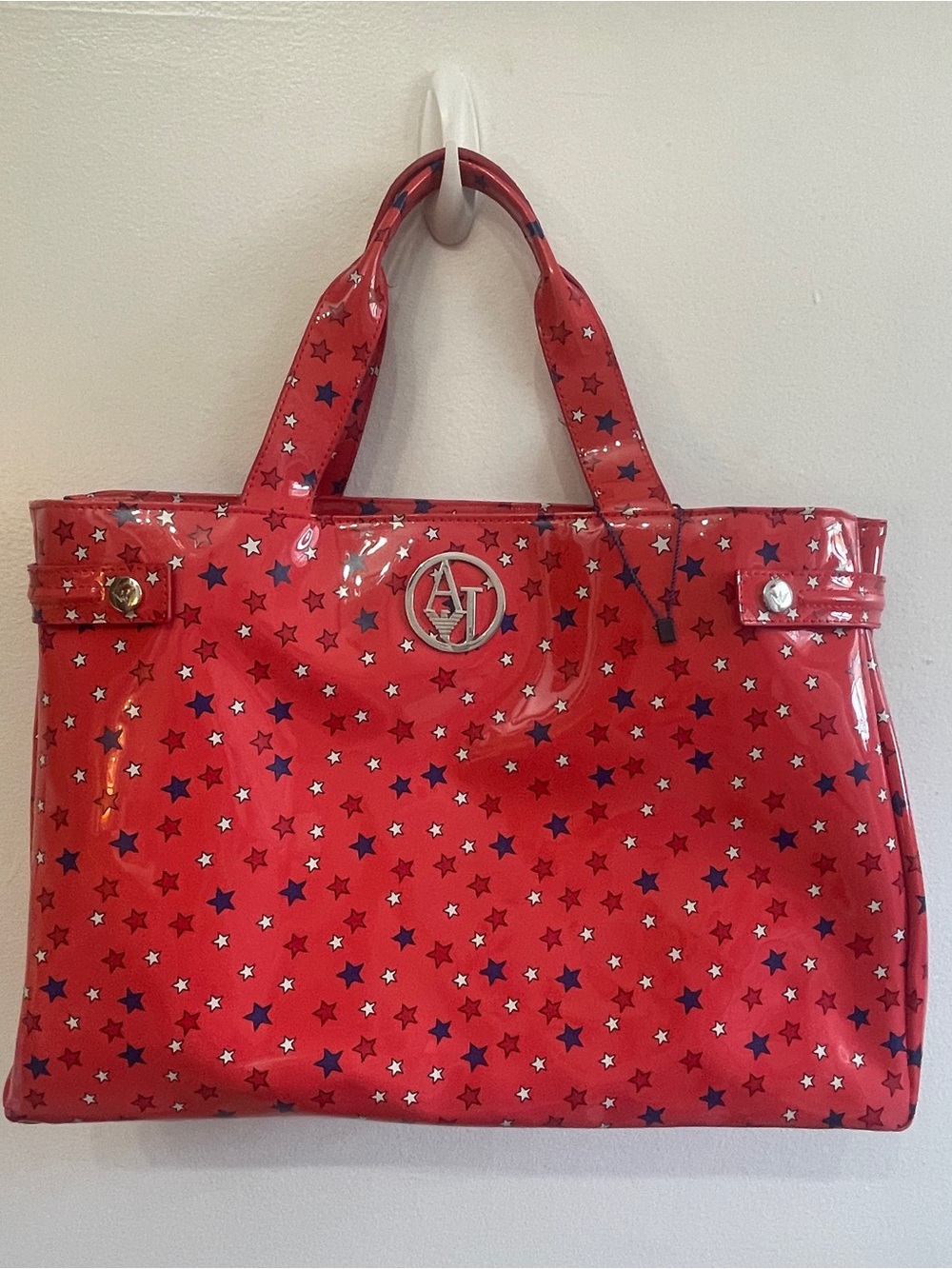 Armani Jeans Stars Print vinyl Tote Bag Red,Coral